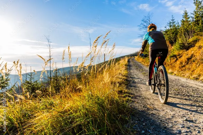 Mountainbiking Frau auf dem Fahrrad im Sommer Berge Waldlandschaft fahren. Frau Radfahren MTB Flow Trail Spur. Outdoor-Sport-Aktivität.